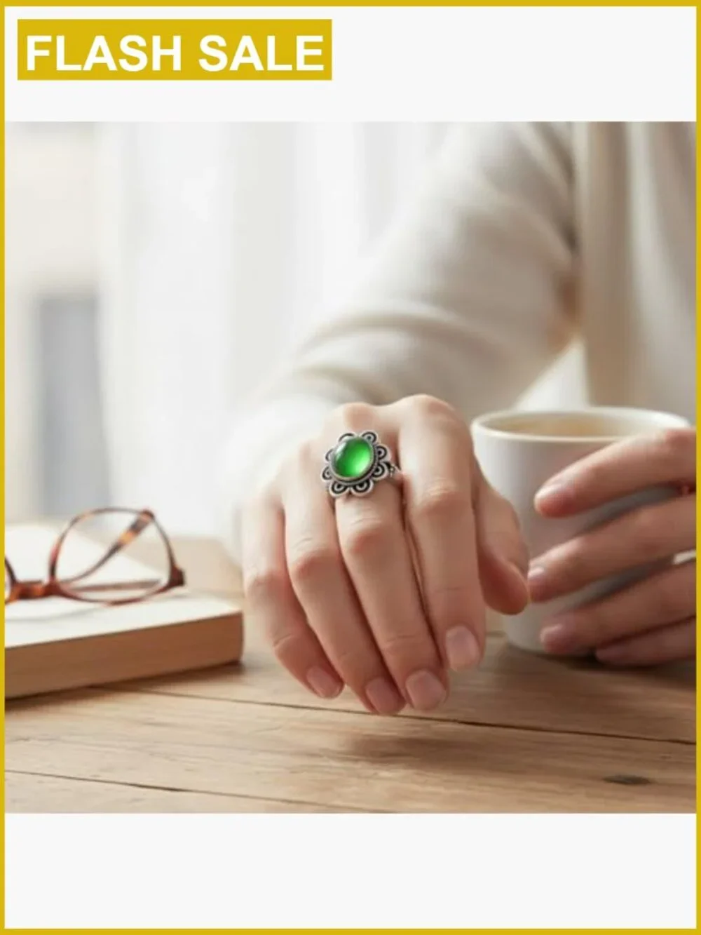 Retro Flower Mood Ring Sterling Silver Thermochromic Stone Statement Ring Boho